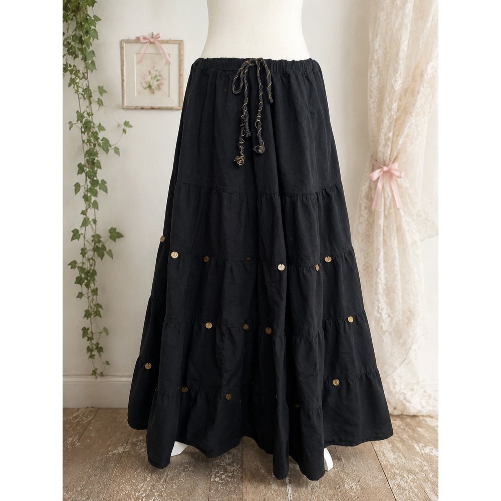 Vintage Black Cotton Maxi Skirt Coin Boho Plus 18/20 Whimsigoth Festival Hippie